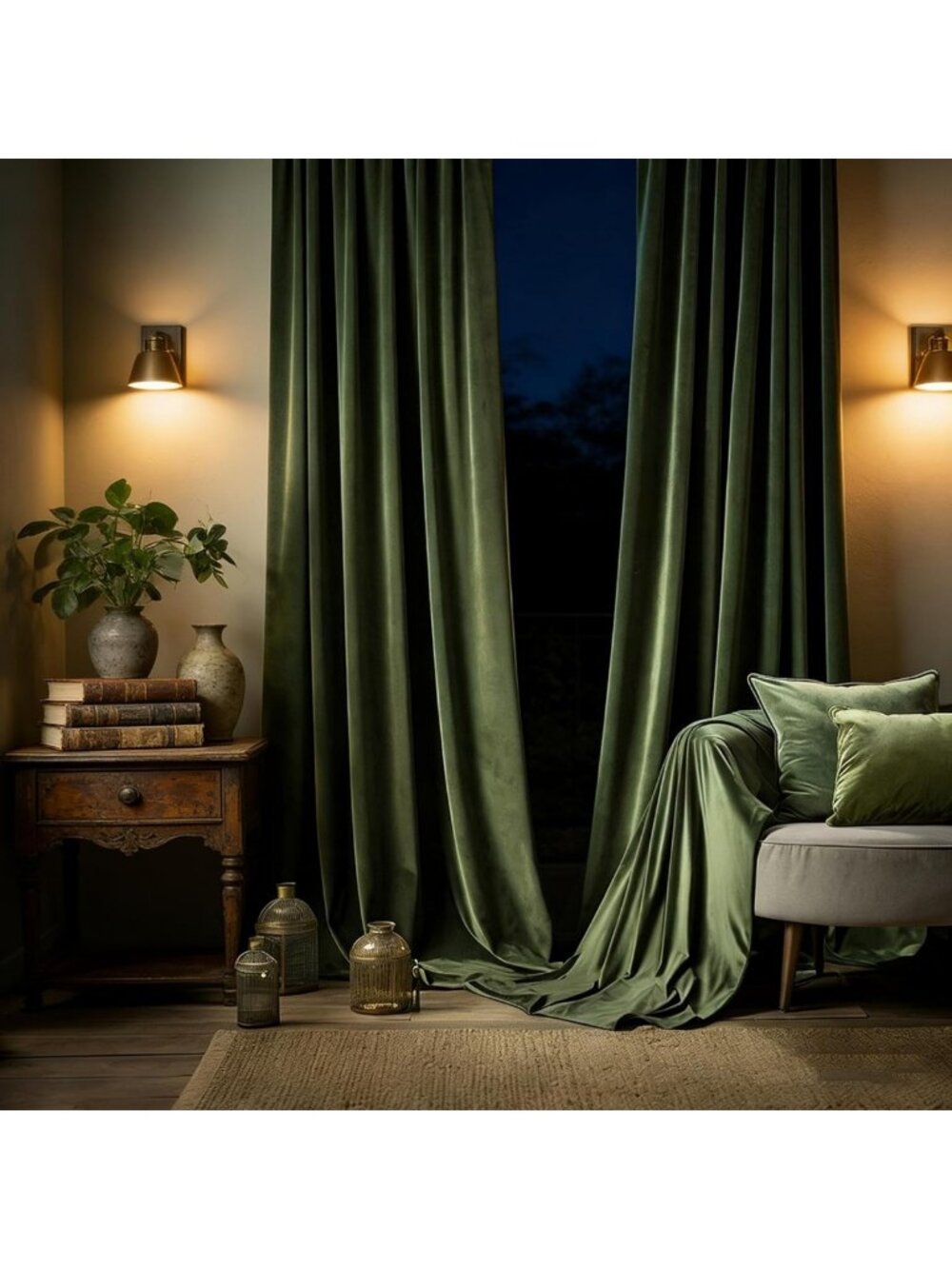 Olive Green Velvet Blackout Curtains 52"x84" - Room Darkening Drapes, 2 Panels